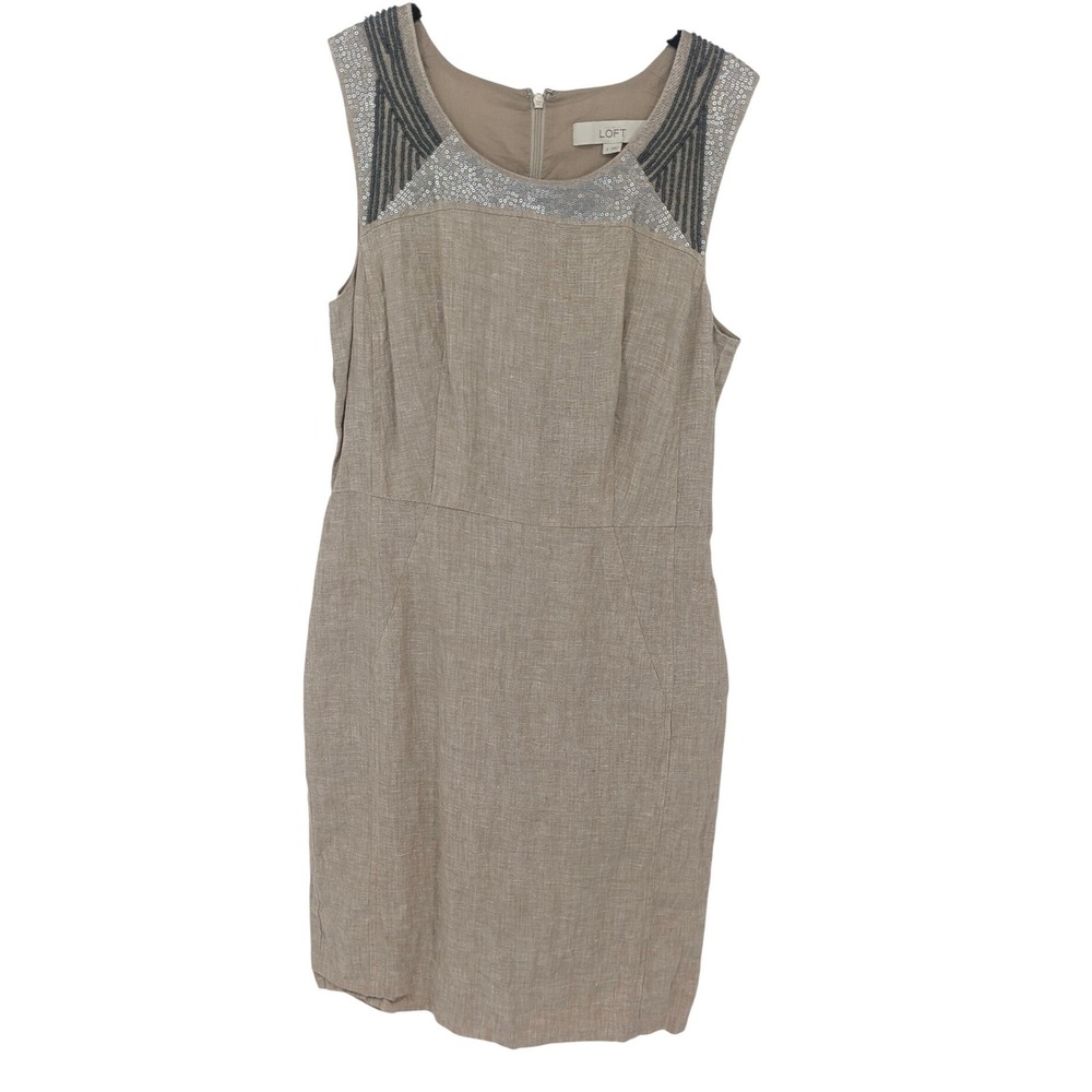Loft Linen Blend Sheath Dress Womens 2 Tan Beaded Embellished Sleeveless Coastal